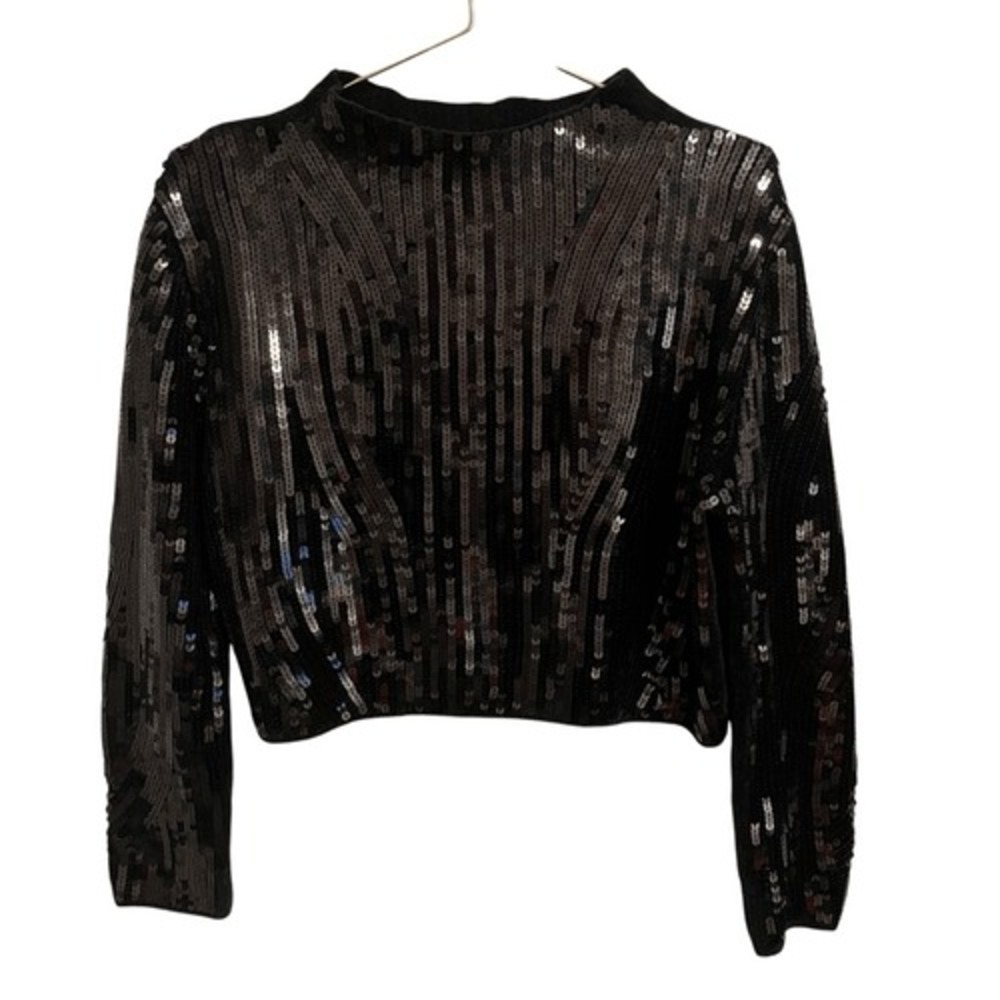 Zara Black Sequin Cropped Knit Sweater Mock Neck Long Sleeve Medium